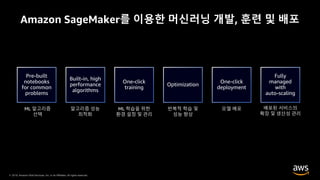 © 2019, Amazon Web Services, Inc. or its Affiliates. All rights reserved.
Amazon SageMaker를 이용한 머신러닝 개발, 훈련 및 배포
 