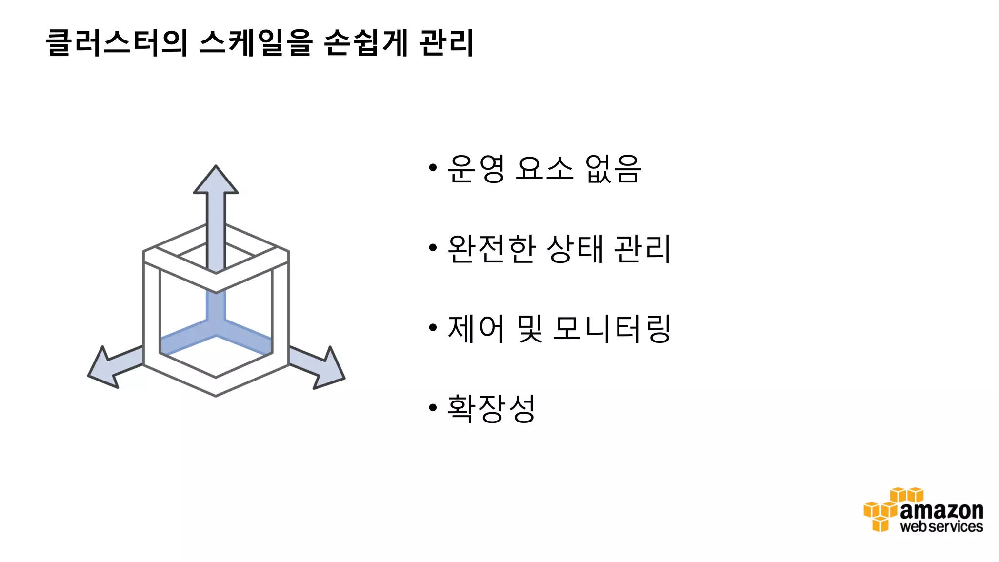 클러스터의 스케일을 손쉽게 관리 • 운영 요소 없음 • 완전한 상태 관리 • 제어 및 모니터링 • 확장성 