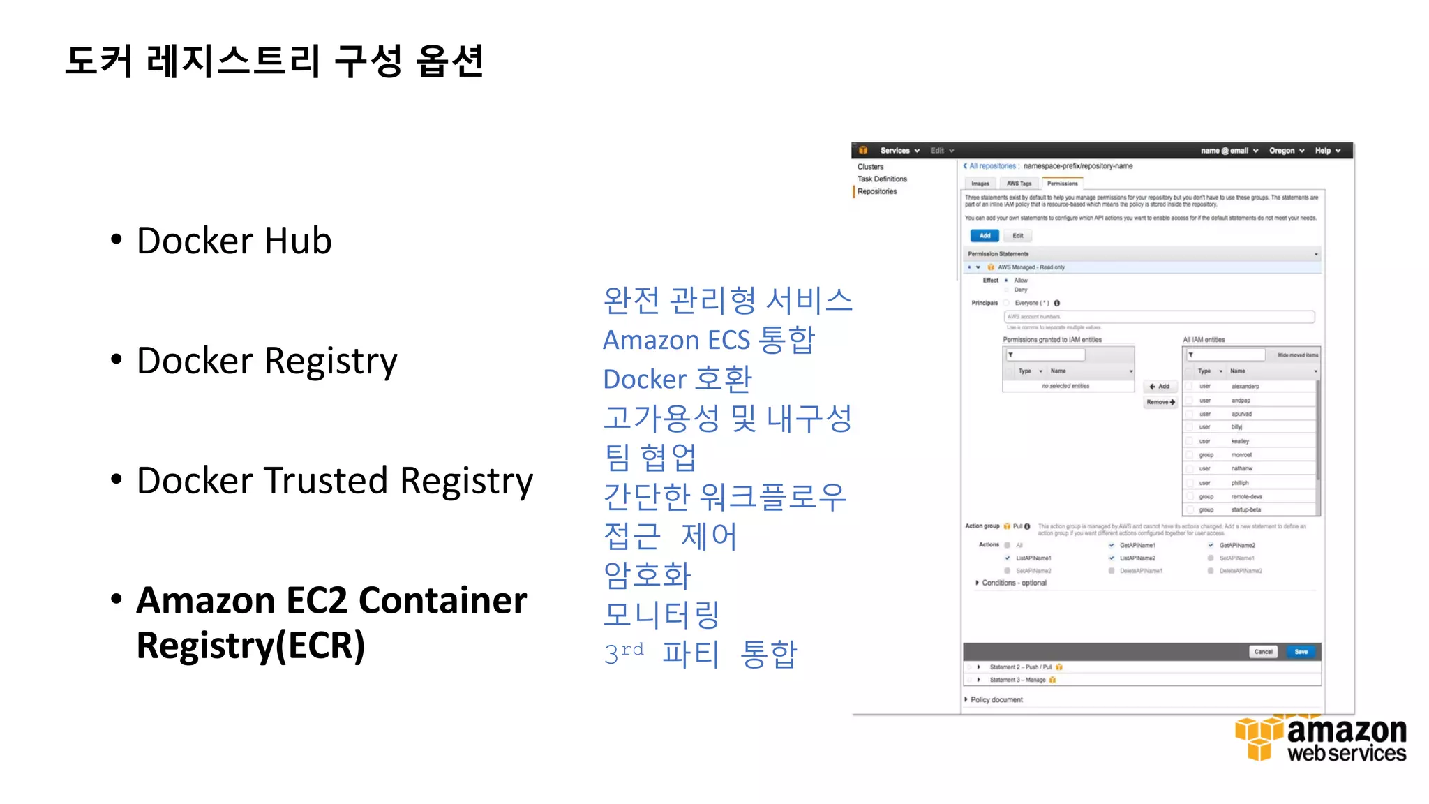 • Docker Hub • Docker Registry • Docker Trusted Registry • Amazon EC2 Container Registry(ECR) 완전 관리형 서비스 Amazon ECS 통합 Docker 호환 고가용성 및 내구성 팀 협업 간단한 워크플로우 접근 제어 암호화 모니터링 3rd 파티 통합 도커 레지스트리 구성 옵션 