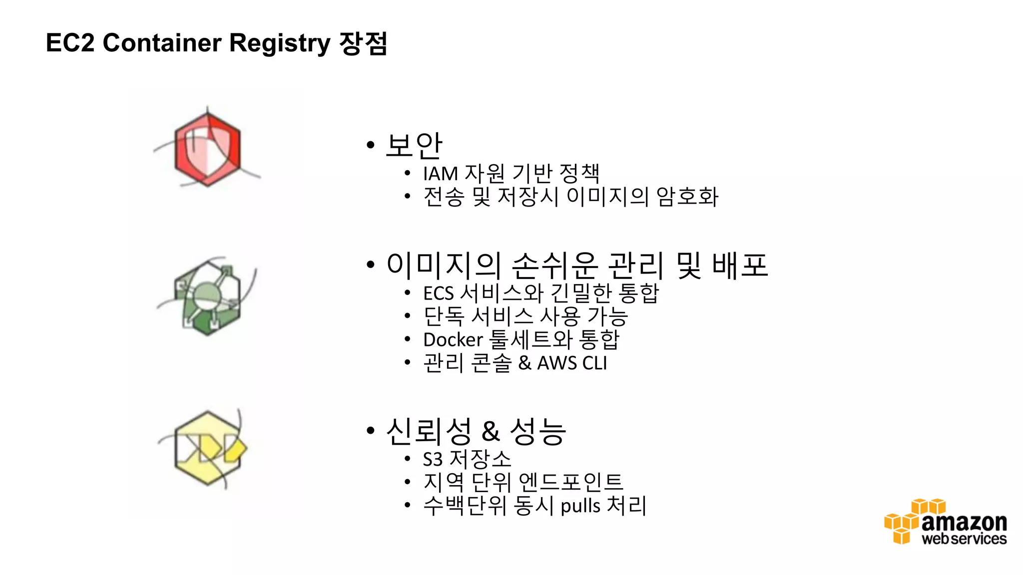 • 보안 • IAM 자원 기반 정책 • 전송 및 저장시 이미지의 암호화 • 이미지의 손쉬운 관리 및 배포 • ECS 서비스와 긴밀한 통합 • 단독 서비스 사용 가능 • Docker 툴세트와 통합 • 관리 콘솔 & AWS CLI • 신뢰성 & 성능 • S3 저장소 • 지역 단위 엔드포인트 • 수백단위 동시 pulls 처리 EC2 Container Registry 장점 