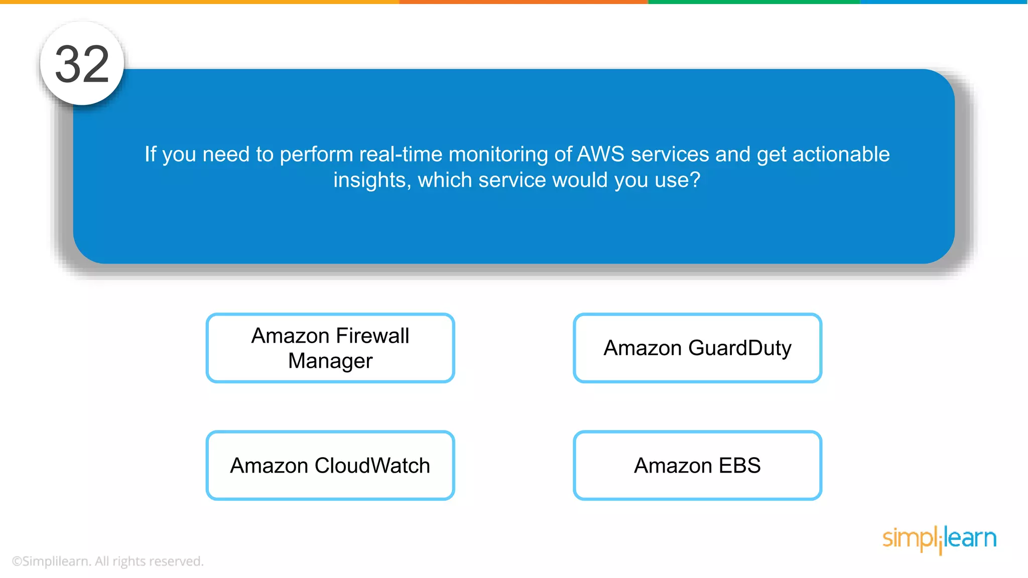 If you need to perform real-time monitoring of AWS services and get actionable insights, which service would you use? 32 Amazon Firewall Manager Amazon CloudWatch Amazon GuardDuty Amazon EBS 