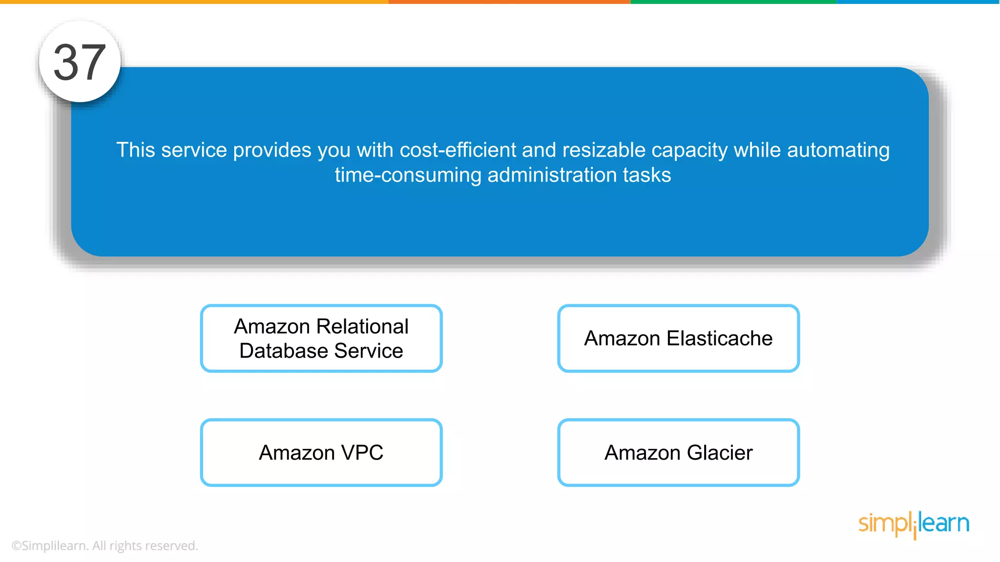 This service provides you with cost-efficient and resizable capacity while automating time-consuming administration tasks 37 Amazon Relational Database Service Amazon VPC Amazon Elasticache Amazon Glacier 