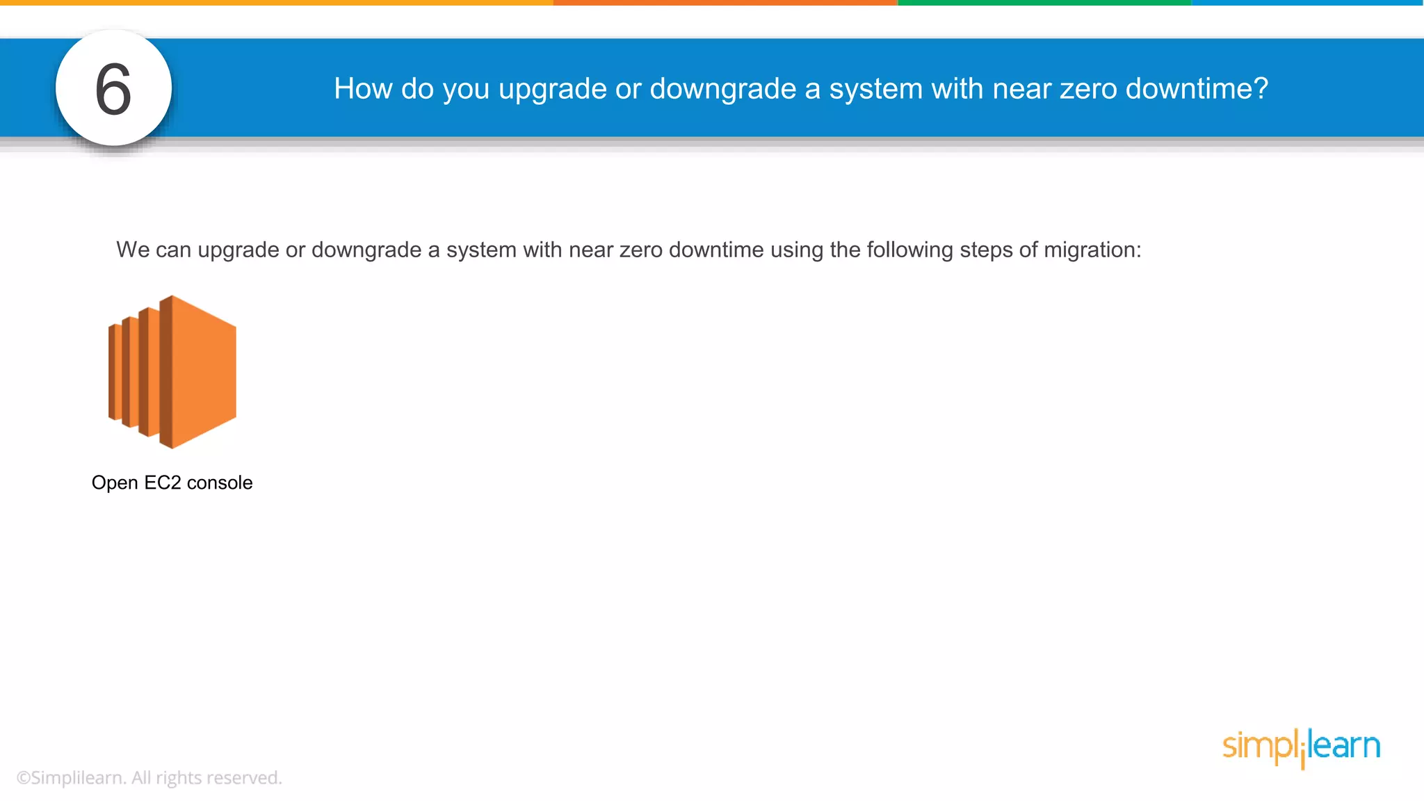 6 How do you upgrade or downgrade a system with near zero downtime? We can upgrade or downgrade a system with near zero downtime using the following steps of migration: Open EC2 console 