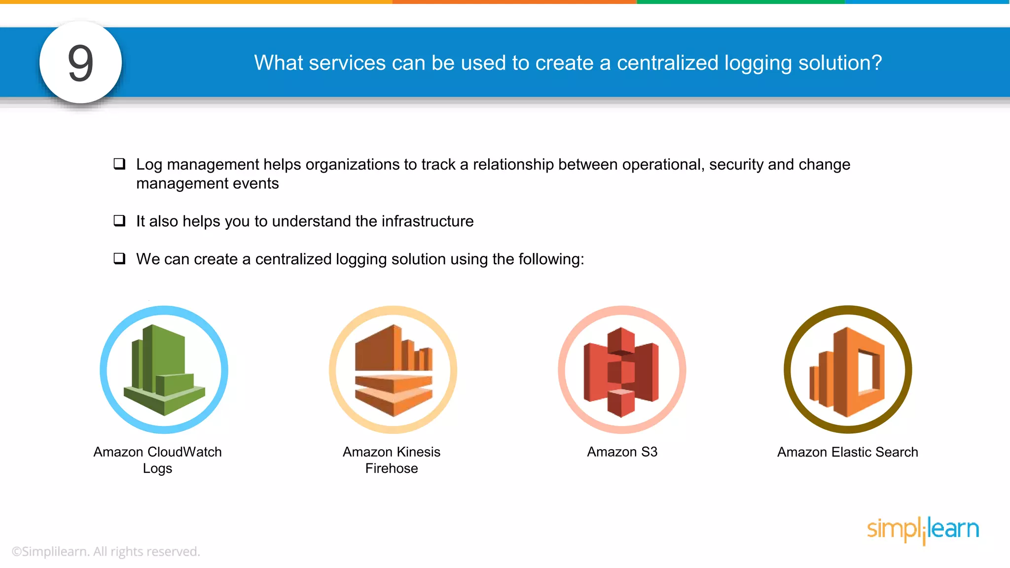 9 What services can be used to create a centralized logging solution?  Log management helps organizations to track a relationship between operational, security and change management events  It also helps you to understand the infrastructure  We can create a centralized logging solution using the following: Amazon Elastic SearchAmazon CloudWatch Logs Amazon Kinesis Firehose Amazon S3 