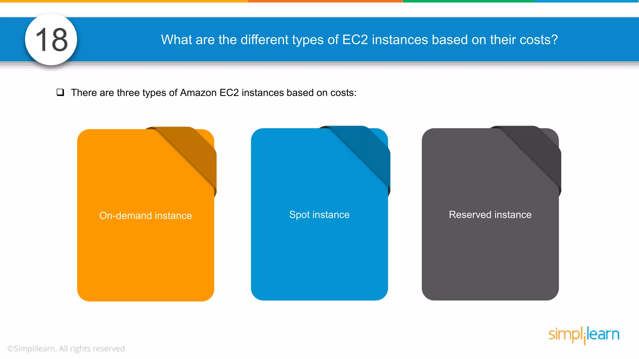What are the different types of EC2 instances based on their costs? On-demand instance Spot instance Reserved instance  There are three types of Amazon EC2 instances based on costs: 18 