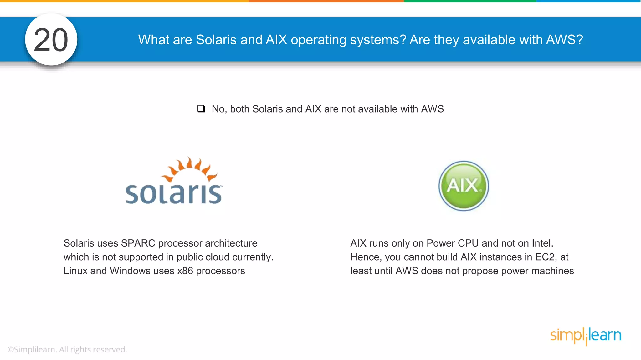 What are Solaris and AIX operating systems? Are they available with AWS?  No, both Solaris and AIX are not available with AWS Solaris uses SPARC processor architecture which is not supported in public cloud currently. Linux and Windows uses x86 processors AIX runs only on Power CPU and not on Intel. Hence, you cannot build AIX instances in EC2, at least until AWS does not propose power machines 20 