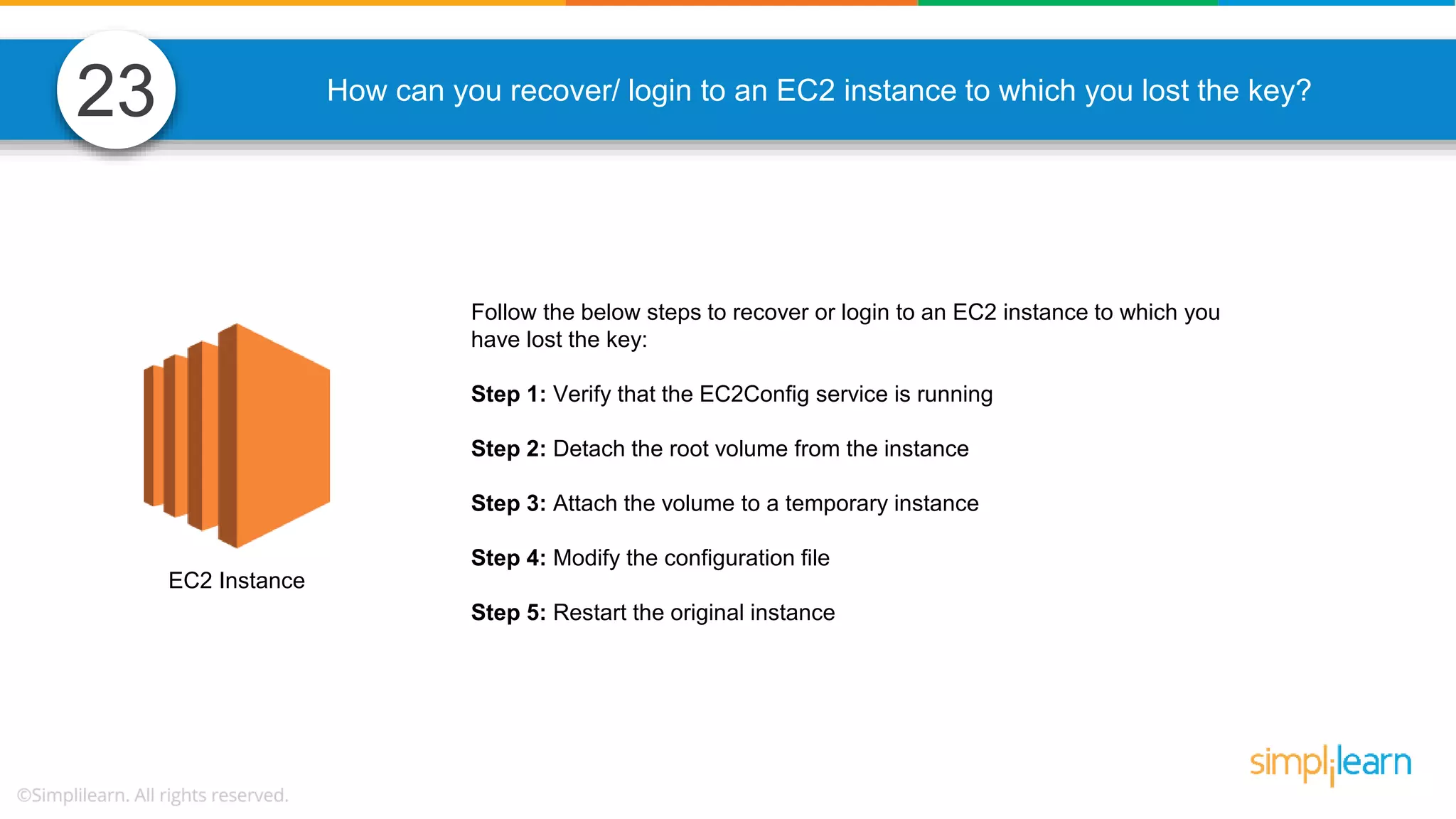 How can you recover/ login to an EC2 instance to which you lost the key? Follow the below steps to recover or login to an EC2 instance to which you have lost the key: Step 1: Verify that the EC2Config service is running Step 2: Detach the root volume from the instance Step 3: Attach the volume to a temporary instance Step 4: Modify the configuration file Step 5: Restart the original instance EC2 Instance 23 