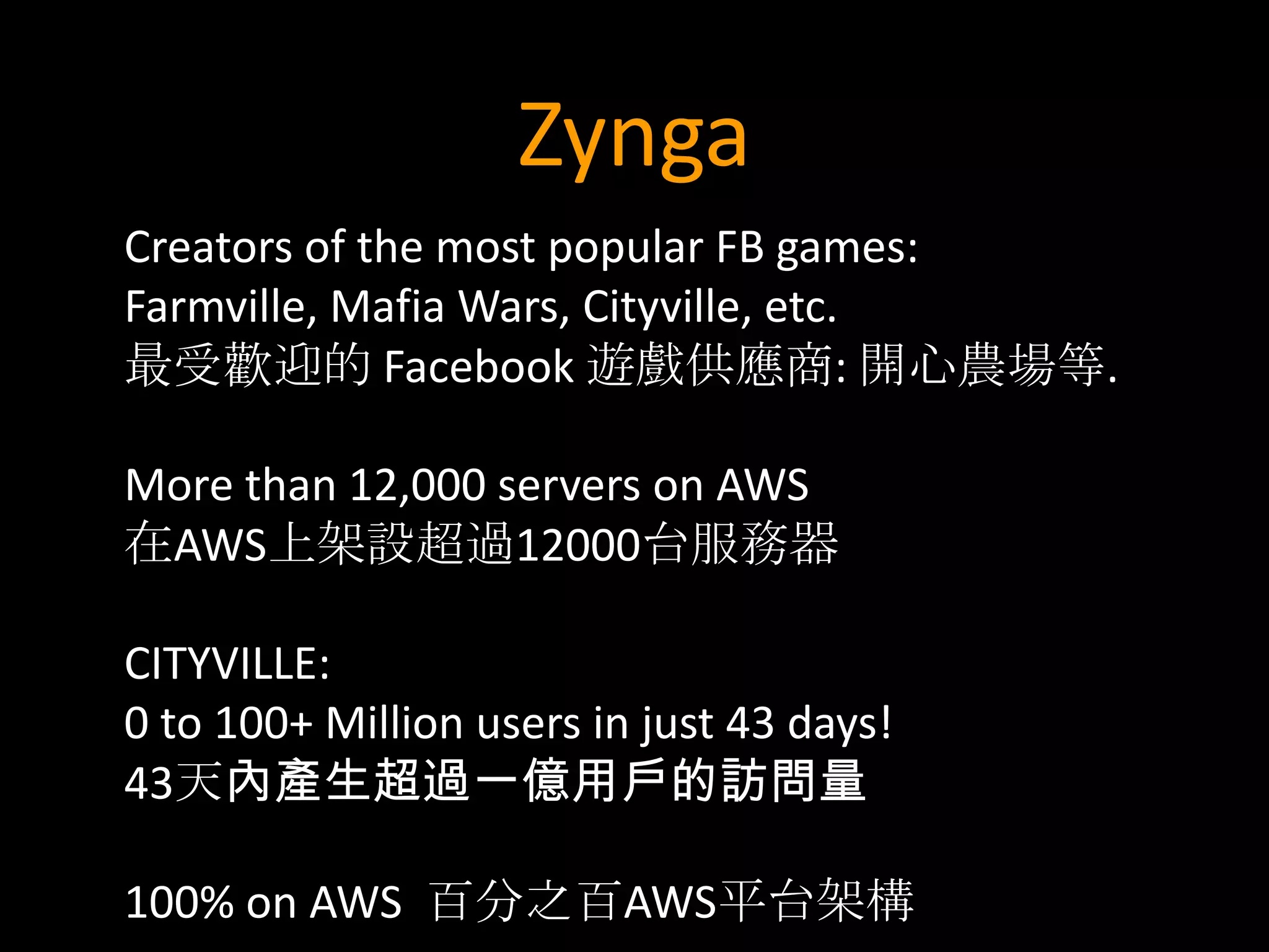 Zynga
Creators of the most popular FB games:
Farmville, Mafia Wars, Cityville, etc.
最受歡迎的 Facebook 遊戲供應商: 開心農場等.

More than 12,000 servers on AWS
在AWS上架設超過12000台服務器

CITYVILLE:
0 to 100+ Million users in just 43 days!
43天內產生超過一億用戶的訪問量

100% on AWS 百分之百AWS平台架構
 