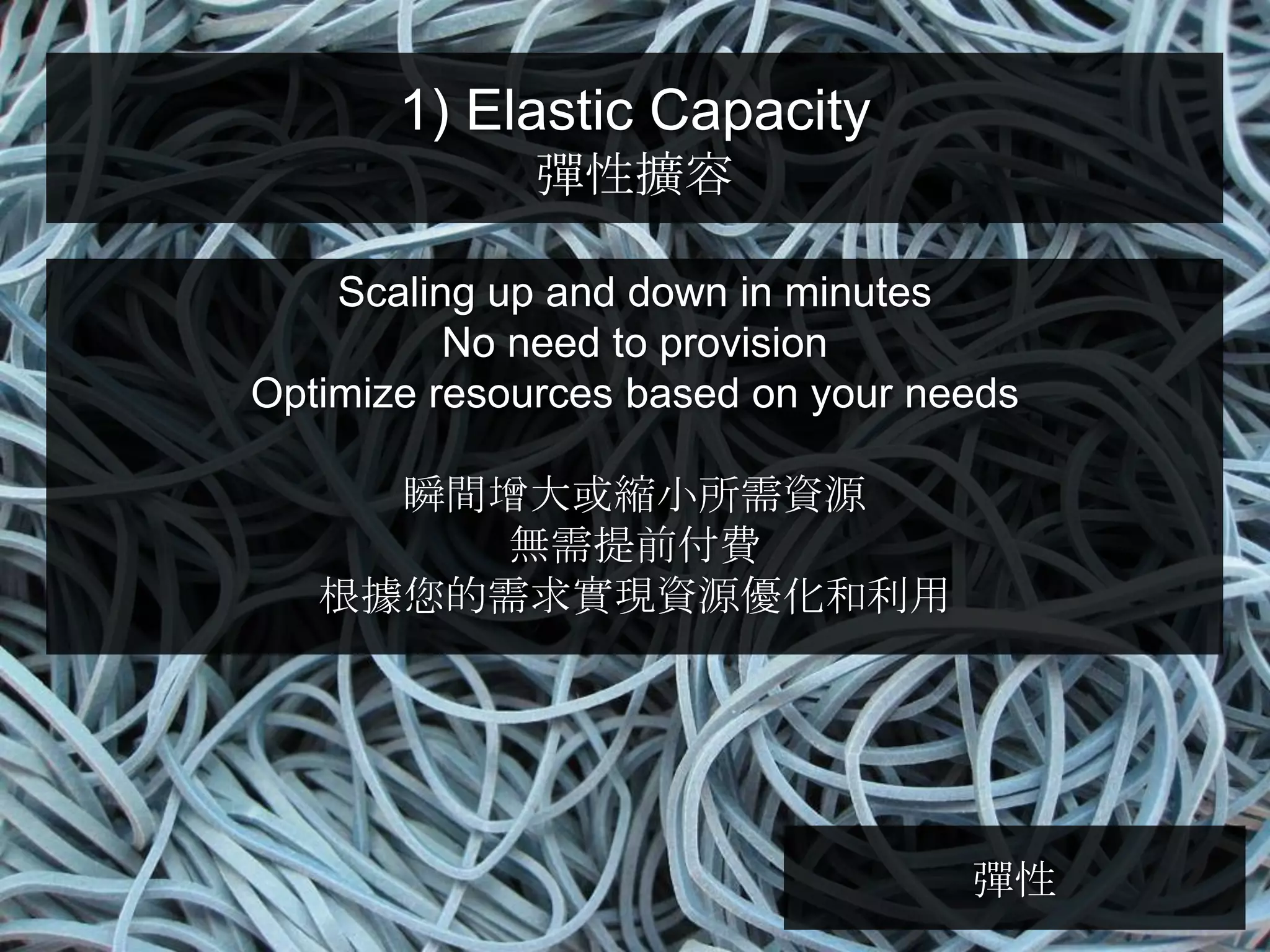 1) Elastic Capacity
              彈性擴容

    Scaling up and down in minutes
          No need to provision
Optimize resources based on your needs

     瞬間增大或縮小所需資源
       無需提前付費
   根據您的需求實現資源優化和利用




                                   彈性
 