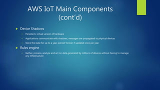 AWS IoT Main Components
(cont’d)
 Device Shadows
 Persistent, virtual version of hardware
 Applications communicate with shadows, messages are propagated to physical devices
 Store the state for up to a year, persist forever if updated once per year
 Rules engine
 Gather, process, analyze and act on data generated by millions of devices without having to manage
any infrastructure
 