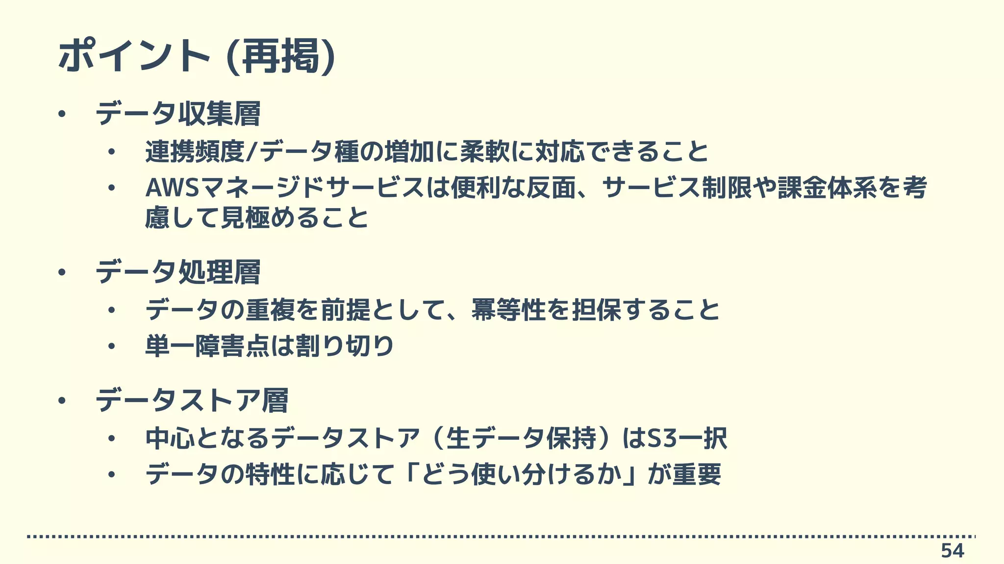 ポイント (再掲)
• データ収集層
• 連携頻度/データ種の増加に柔軟に対応できること
• AWSマネージドサービスは便利な反面、サービス制限や課金体系を考
慮して見極めること
• データ処理層
• データの重複を前提として、冪等性を担保すること
• 単一障害点は割り切り
• データストア層
• 中心となるデータストア（生データ保持）はS3一択
• データの特性に応じて「どう使い分けるか」が重要
54
 