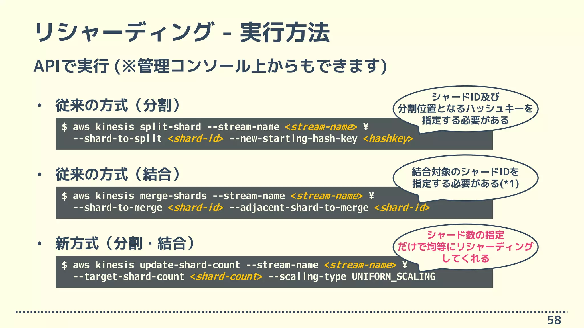 リシャーディング - 実行方法
APIで実行 (※管理コンソール上からもできます)
58
$ aws kinesis split-shard --stream-name <stream-name> ¥
--shard-to-split <shard-id> --new-starting-hash-key <hashkey>
シャードID及び
分割位置となるハッシュキーを
指定する必要がある
• 従来の方式（分割）
$ aws kinesis merge-shards --stream-name <stream-name> ¥
--shard-to-merge <shard-id> --adjacent-shard-to-merge <shard-id>
結合対象のシャードIDを
指定する必要がある(*1)
• 従来の方式（結合）
$ aws kinesis update-shard-count --stream-name <stream-name> ¥
--target-shard-count <shard-count> --scaling-type UNIFORM_SCALING
シャード数の指定
だけで均等にリシャーディング
してくれる
• 新方式（分割・結合）
 