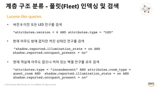 © 2018, Amazon Web Services, Inc. or its Affiliates. All rights reserved.
계층 구조 분류 - 플릿(Fleet) 인덱싱 및 검색
Lucene-like queries
 