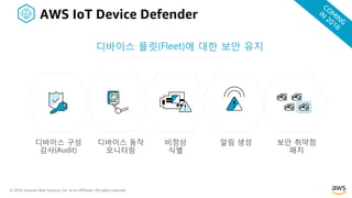 © 2018, Amazon Web Services, Inc. or its Affiliates. All rights reserved.
디바이스 (성
감사(Audit)
디바이스 동A
모)터링
알림 생성비정상
식별
디바이스 플릿(Fleet)에 대한 보안 유지
보안 취약점
패F
AWS IoT Device Defender
COM
ING
IN
2018
 