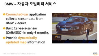 © 2018, Amazon Web Services, Inc. or its Affiliates. All rights reserved.
BMW – 자동차 모빌리티 서비스
Connected-car application
collects sensor data from
BMW 7-series
Built Car-as-a-sensor
(CARASSO) in only 6 months
Provide dynamically
updated map information
 