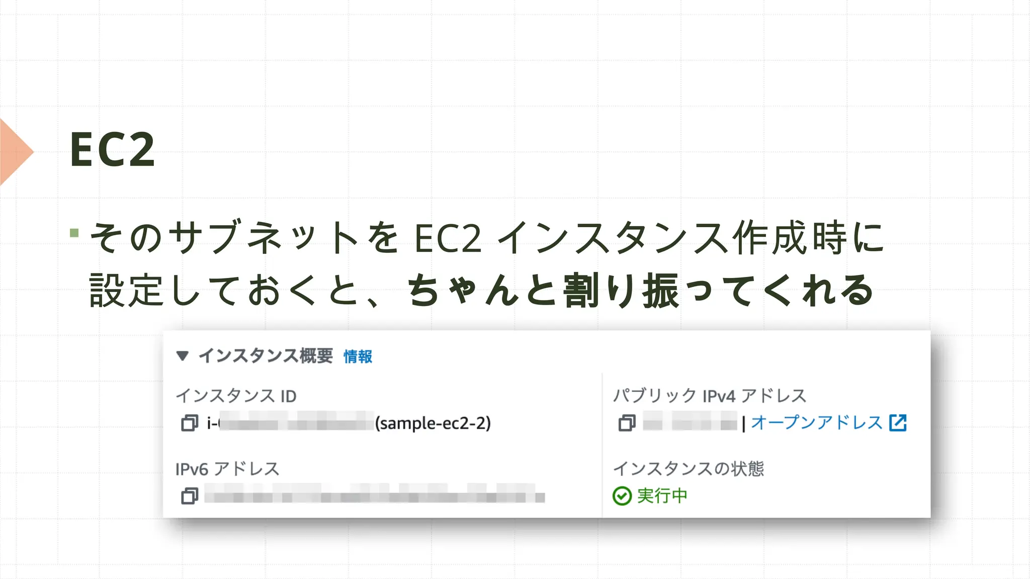 EC2
 そのサブネットを EC2 インスタンス作成時に
設定しておくと、ちゃんと割り振ってくれる
 