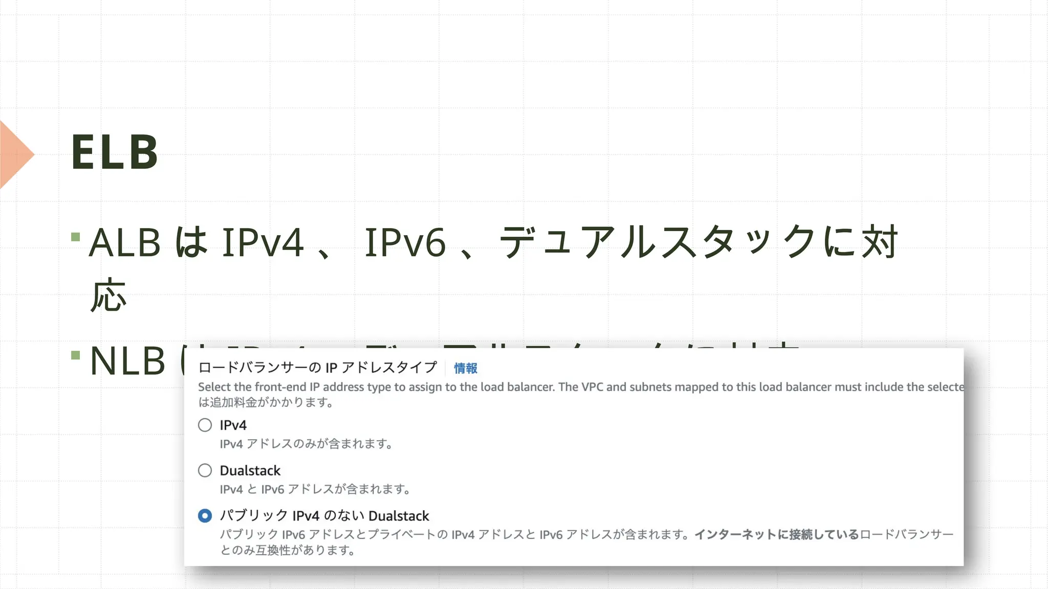 ELB
 ALB は IPv4 、 IPv6 、デュアルスタックに対
応
 NLB は IPv4 、デュアルスタックに対応
 