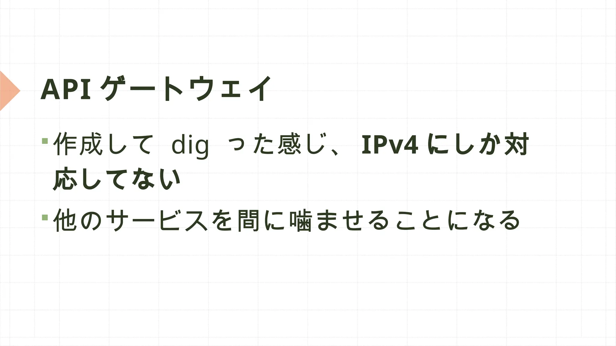 API ゲートウェイ
作成して dig った感じ、 IPv4 にしか対
応してない
他のサービスを間に噛ませることになる
 