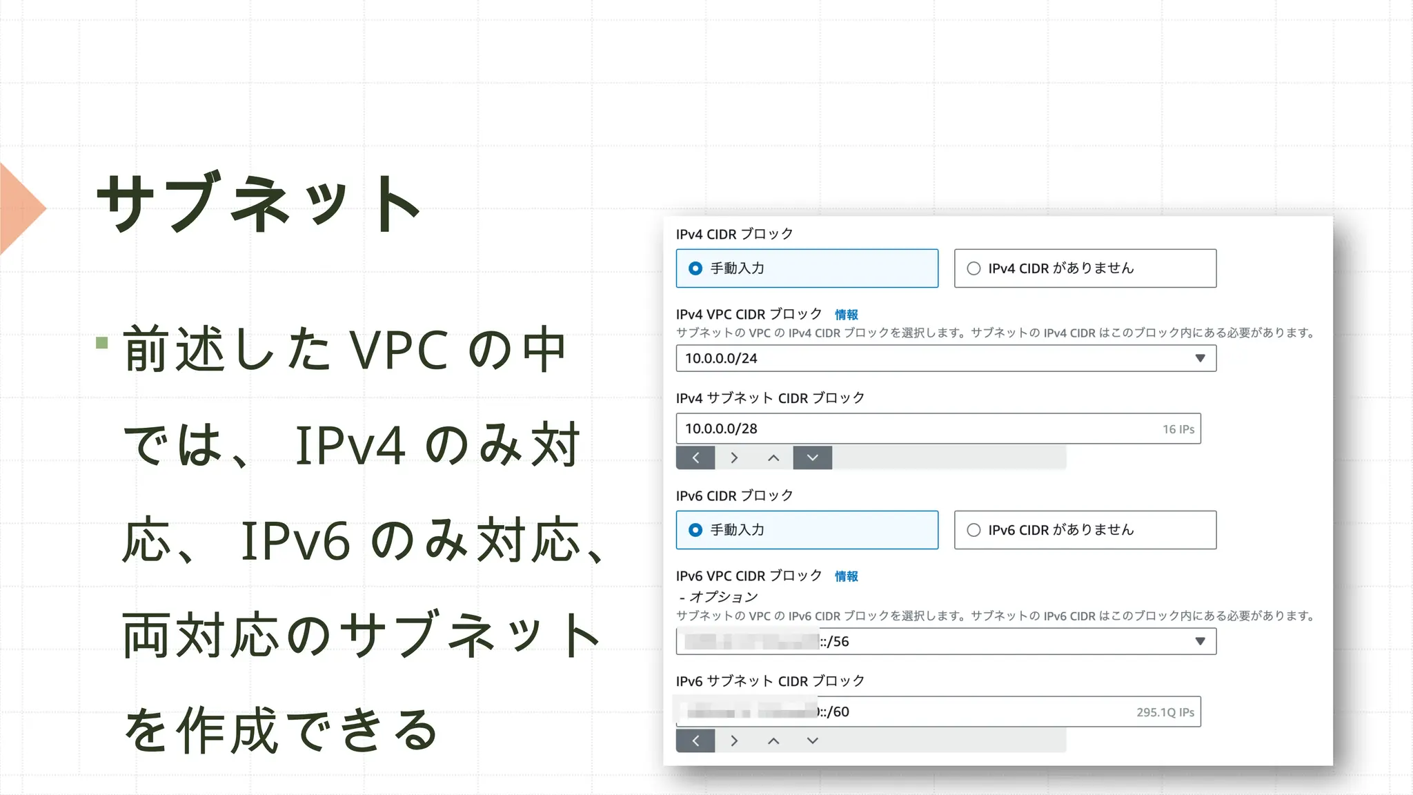 サブネット
 前述した VPC の中
では、 IPv4 のみ対
応、 IPv6 のみ対応、
両対応のサブネット
を作成できる
 