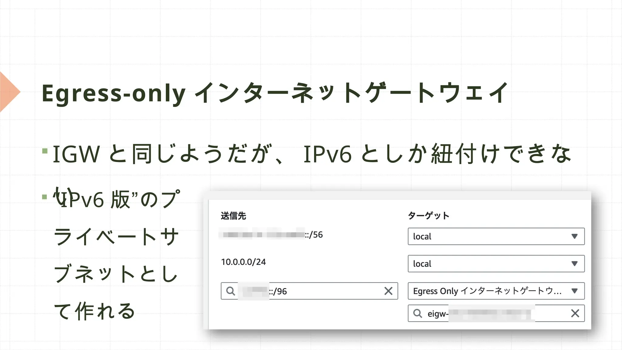 Egress-only インターネットゲートウェイ
 IGW と同じようだが、 IPv6 としか紐付けできな
い
 “IPv6 版”のプ
ライベートサ
ブネットとし
て作れる
 