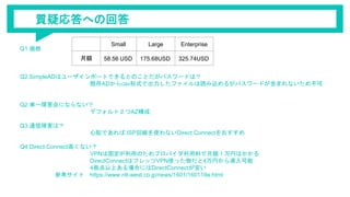 質疑応答への回答
Q1.価格
Q2.SimpleADはユーザインポートできるとのことだがパスワードは？
既存ADからcsv形式で出力したファイルは読み込めるがパスワードが含まれないため不可
Q2.単一障害点にならない？
デフォルト２つAZ構成
Q3.通信障害は？
心配であれば ISP回線を使わないDirect Connectをおすすめ
Q4.Direct Connect高くない？
VPNは固定IP利用のためプロバイダ利用料で月額１万円はかかる
DirectConnectはフレッツVPN使った物だと4万円から導入可能
4拠点以上ある場合にはDirectConnectが安い
参考サイト https://www.ntt-west.co.jp/news/1601/160119a.html
Small Large Enterprise
月額 58.56 USD 175.68USD 325.74USD
 
