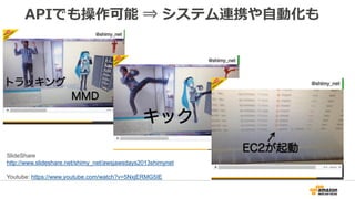 APIでも操作可能 ⇒ システム連携や自動化も
SlideShare
http://www.slideshare.net/shimy_net/awsjawsdays2013shimynet
Youtube: https://www.youtube.com/watch?v=5NxjERMG5IE
 