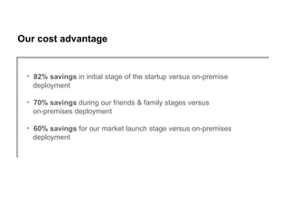Our cost advantage


 • 82% savings in initial stage of the startup versus on-premise
   deployment

 • 70% savings during our friends & family stages versus
   on-premises deployment

 • 60% savings for our market launch stage versus on-premises
   deployment
 