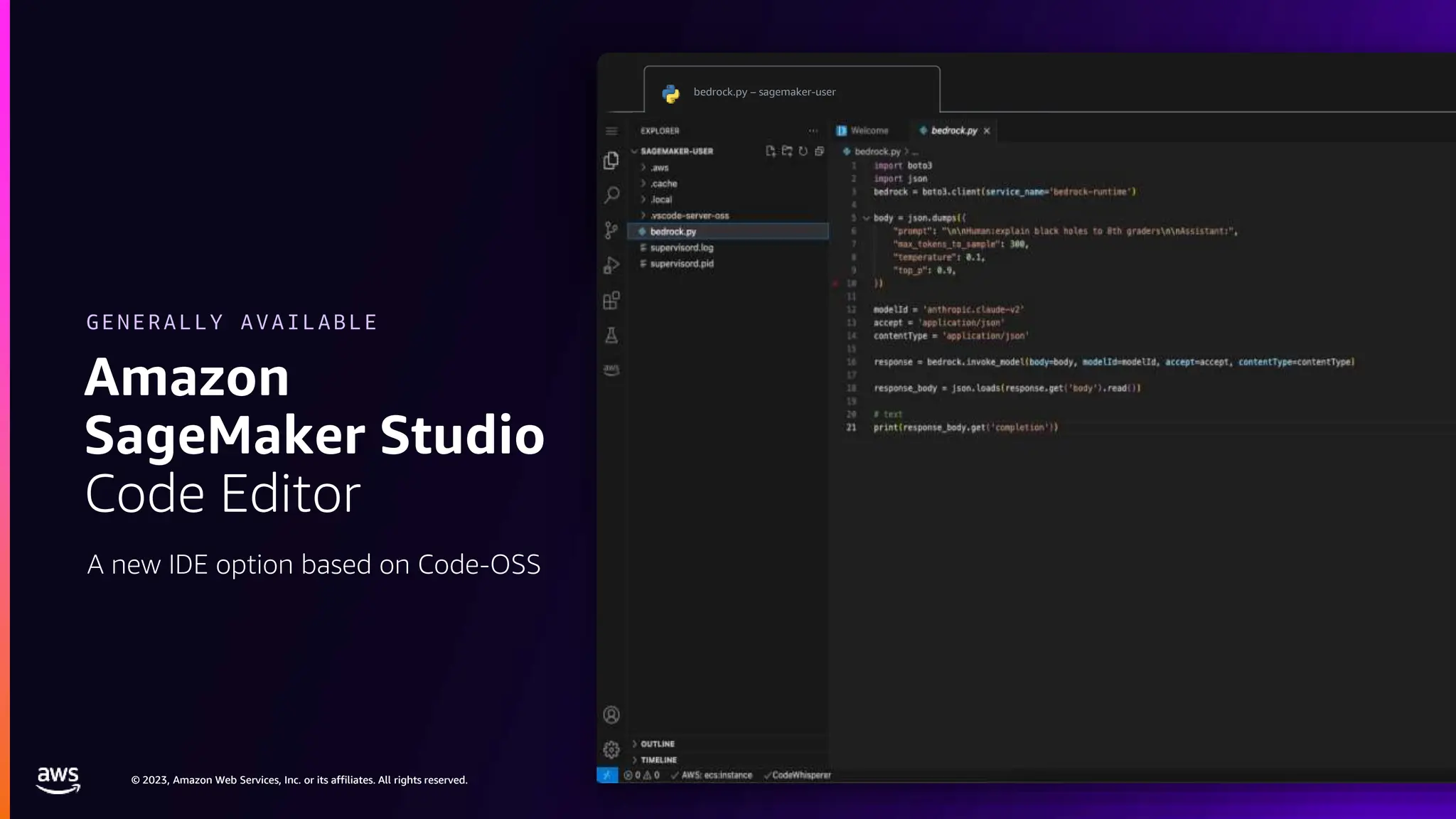 © 2023, Amazon Web Services, Inc. or its affiliates. All rights reserved.
© 2023, Amazon Web Services, Inc. or its affiliates. All rights reserved.
Amazon
SageMaker Studio
Code Editor
A new IDE option based on Code-OSS
GENERALLY AVAILABLE
bedrock.py – sagemaker-user
 