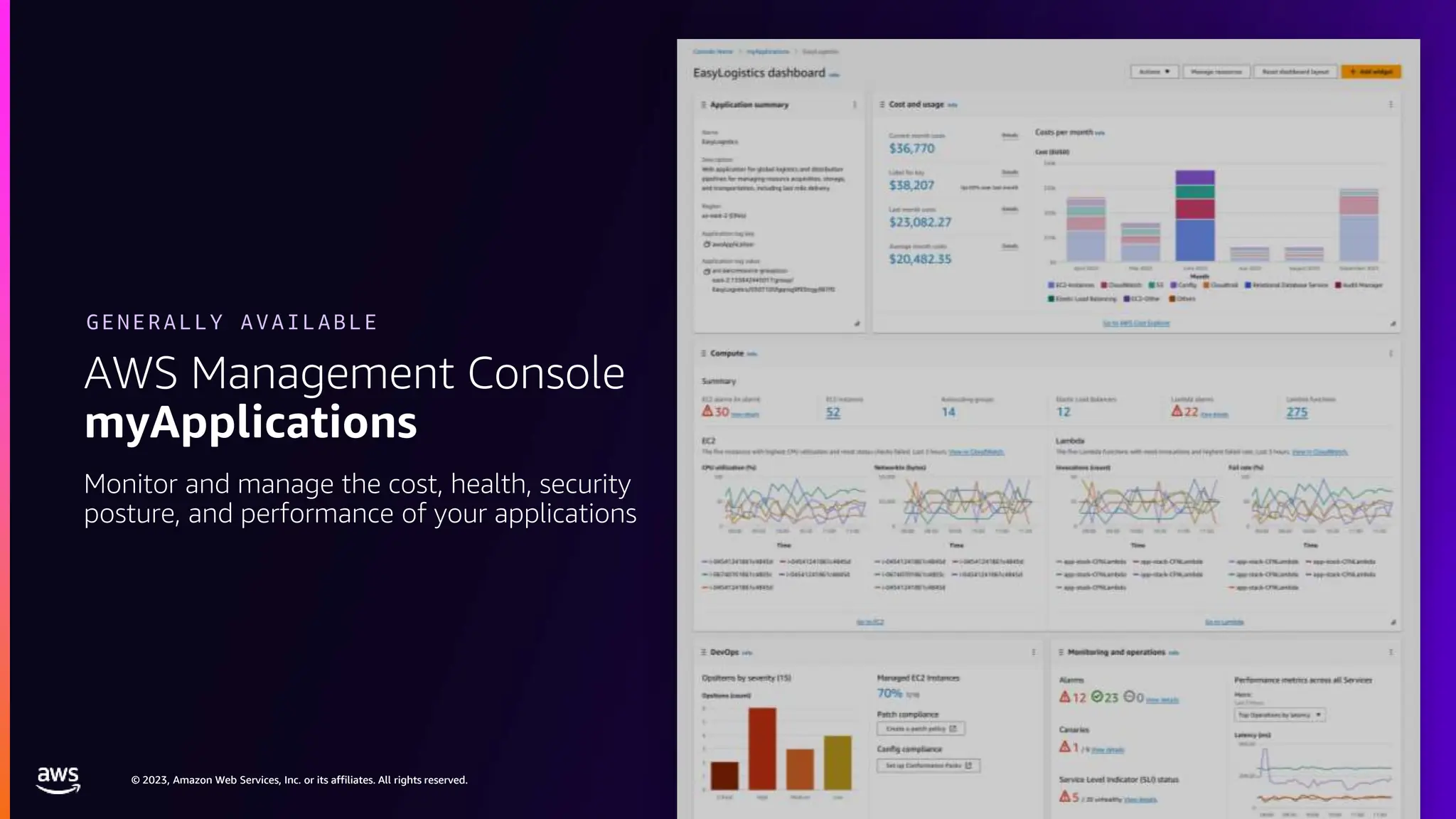 © 2023, Amazon Web Services, Inc. or its affiliates. All rights reserved.
© 2023, Amazon Web Services, Inc. or its affiliates. All rights reserved.
AWS Management Console
myApplications
GENERALLY AVAILABLE
Monitor and manage the cost, health, security
posture, and performance of your applications
 