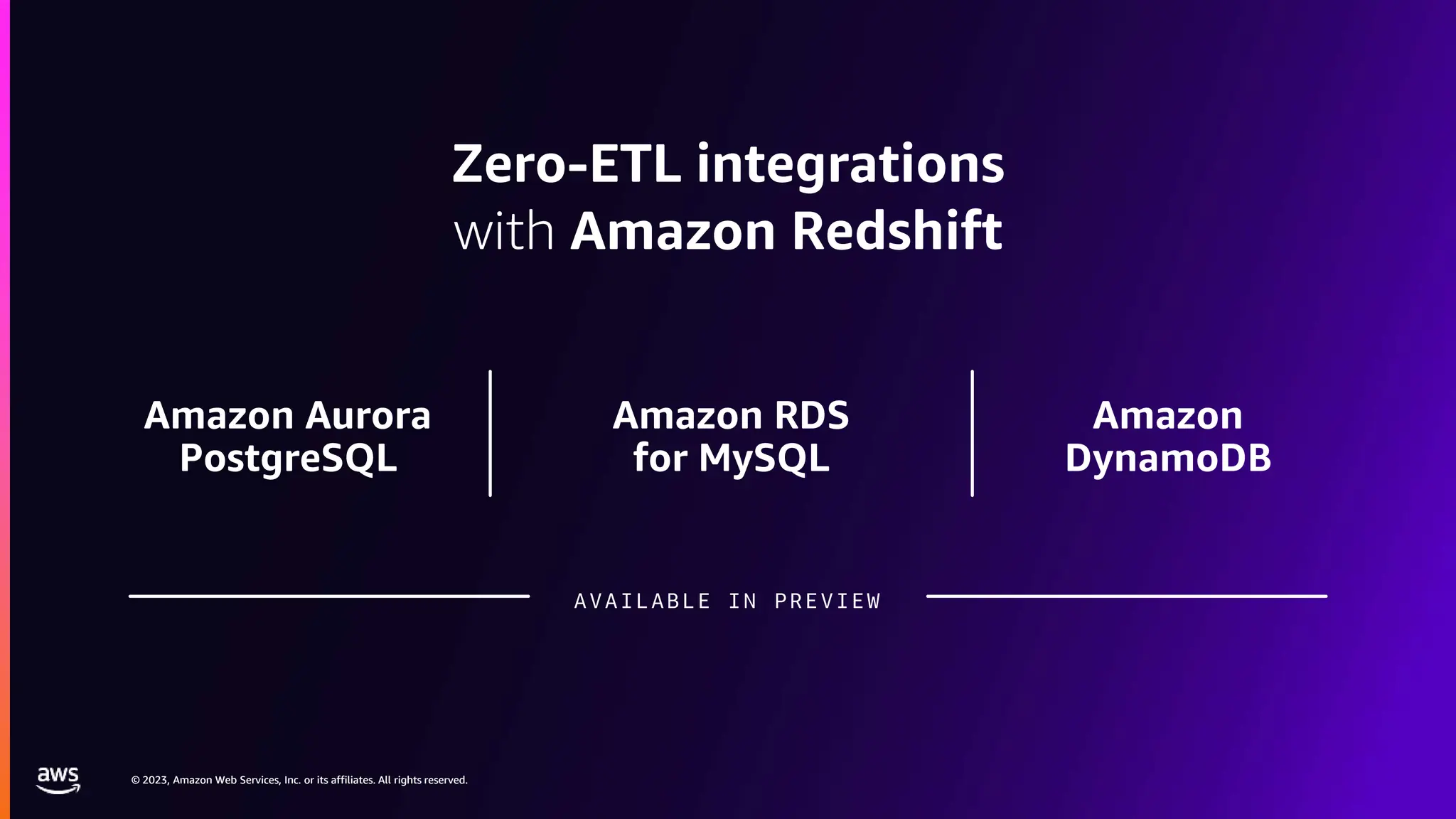 © 2023, Amazon Web Services, Inc. or its affiliates. All rights reserved.
© 2023, Amazon Web Services, Inc. or its affiliates. All rights reserved.
Zero-ETL integrations
with Amazon Redshift
Amazon Aurora
PostgreSQL
Amazon RDS
for MySQL
Amazon
DynamoDB
AVAILABLE IN PREVIEW
 