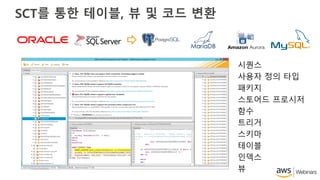 SCT를 통한 테이블, 뷰 및 코드 변환
시퀀스
사용자 정의 타입
패키지
스토어드 프로시저
함수
트리거
스키마
테이블
인덱스
뷰
 