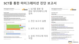 SCT를 통한 마이그레이션 진단 보고서
1. SCT를 원본 및
대상 데이터베이스에
접속
2. 진단 보고서 실행
3. 요약 보고 조회
4. 상세 가이드에 따라
작업
 