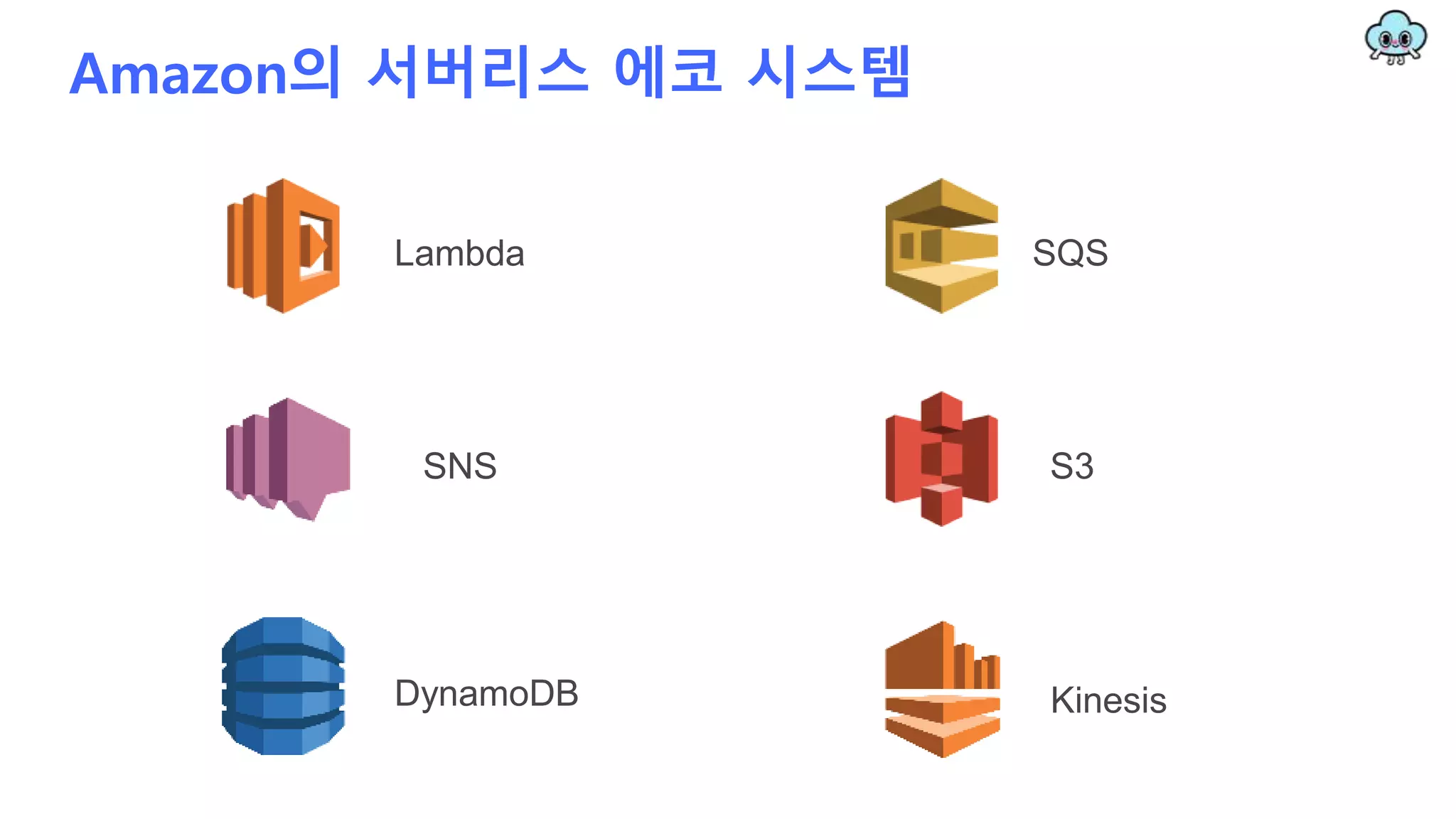 Amazon의 서버리스 에코 시스템
Lambda
SNS
SQS
DynamoDB
S3
Kinesis
 