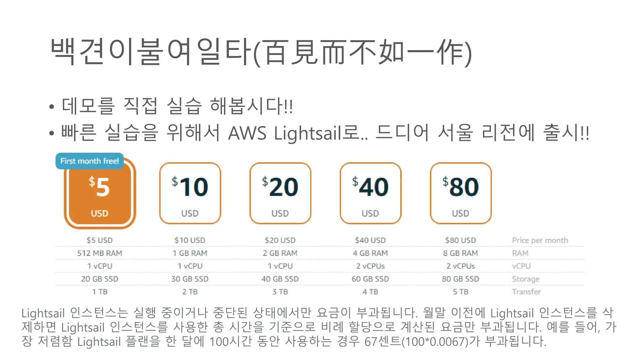 백견이불여일타(百見而不如一作)
• 데모를 직접 실습 해봅시다!!
• 빠른 실습을 위해서 AWS Lightsail로.. 드디어 서울 리전에 출시!!
Lightsail 인스턴스는 실행 중이거나 중단된 상태에서만 요금이 부과됩니다. 월말 이전에 Lightsail 인스턴스를 삭
제하면 Lightsail 인스턴스를 사용한 총 시간을 기준으로 비례 할당으로 계산된 요금만 부과됩니다. 예를 들어, 가
장 저렴함 Lightsail 플랜을 한 달에 100시간 동안 사용하는 경우 67센트(100*0.0067)가 부과됩니다.
 