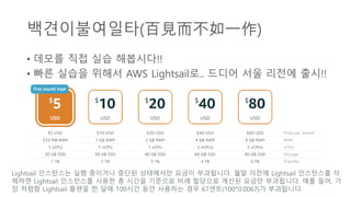 백견이불여일타(百見而不如一作)
• 데모를 직접 실습 해봅시다!!
• 빠른 실습을 위해서 AWS Lightsail로.. 드디어 서울 리전에 출시!!
Lightsail 인스턴스는 실행 중이거나 중단된 상태에서만 요금이 부과됩니다. 월말 이전에 Lightsail 인스턴스를 삭
제하면 Lightsail 인스턴스를 사용한 총 시간을 기준으로 비례 할당으로 계산된 요금만 부과됩니다. 예를 들어, 가
장 저렴함 Lightsail 플랜을 한 달에 100시간 동안 사용하는 경우 67센트(100*0.0067)가 부과됩니다.
 