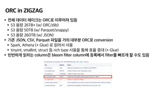 ORC in ZIGZAG
•전체 데이터 레이크는 ORC로 이루어져 있음
•S3 용량 26TB+ (w/ ORC/zlib)
•S3 용량 50TB (w/ Parquet/snappy)
•S3 용량 260TB (w/ JSON)
•기존 JSON, CSV, Parquet 파일을 거의 대부분 ORC로 conversion
•Spark, Athena (+ Glue) 로 읽어서 사용
•tinyint, smallint, struct 등 rich type 사용을 통해 효율 증대 (+ Glue)
•빈번하게 읽히는 column은 bloom filter column에 등록해서 filter를 빠르게 할 수도 있음
 