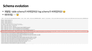 Schema evolution
•개발팀: table schema가 바뀌었어요! log schema가 바뀌었어요! 😃
•데이터팀: … 😇
 
