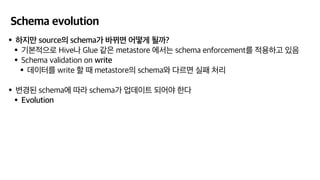 Schema evolution
•하지만 source의 schema가 바뀌면 어떻게 될까?
•기본적으로 Hive나 Glue 같은 metastore 에서는 schema enforcement를 적용하고 있음
•Schema validation on write
•데이터를 write 할 때 metastore의 schema와 다르면 실패 처리
•변경된 schema에 따라 schema가 업데이트 되어야 한다
•Evolution
 