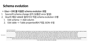 Schema evolution
•Glue + ORC를 이용한 schema evolution 과정
1. Source의 schema change 감지 (보통은 error 발생)
2. Glue의 해당 table로 들어가서 직접 schema evolution 수행
1. Edit schema -> Add column
2. Edit table -> Table properties에서 직접 JSON 수정
 