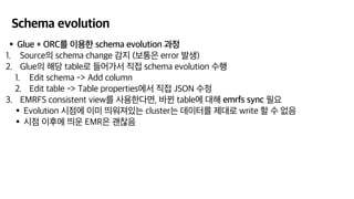 Schema evolution
•Glue + ORC를 이용한 schema evolution 과정
1. Source의 schema change 감지 (보통은 error 발생)
2. Glue의 해당 table로 들어가서 직접 schema evolution 수행
1. Edit schema -> Add column
2. Edit table -> Table properties에서 직접 JSON 수정
3. EMRFS consistent view를 사용한다면, 바뀐 table에 대해 emrfs sync 필요
•Evolution 시점에 이미 띄워져있는 cluster는 데이터를 제대로 write 할 수 없음
•시점 이후에 띄운 EMR은 괜찮음
 