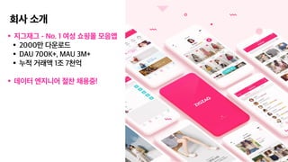 회사 소개
•지그재그 - No. 1 여성 쇼핑몰 모음앱
•2000만 다운로드
•DAU 700K+, MAU 3M+
•누적 거래액 1조 7천억
•데이터 엔지니어 절찬 채용중!
 