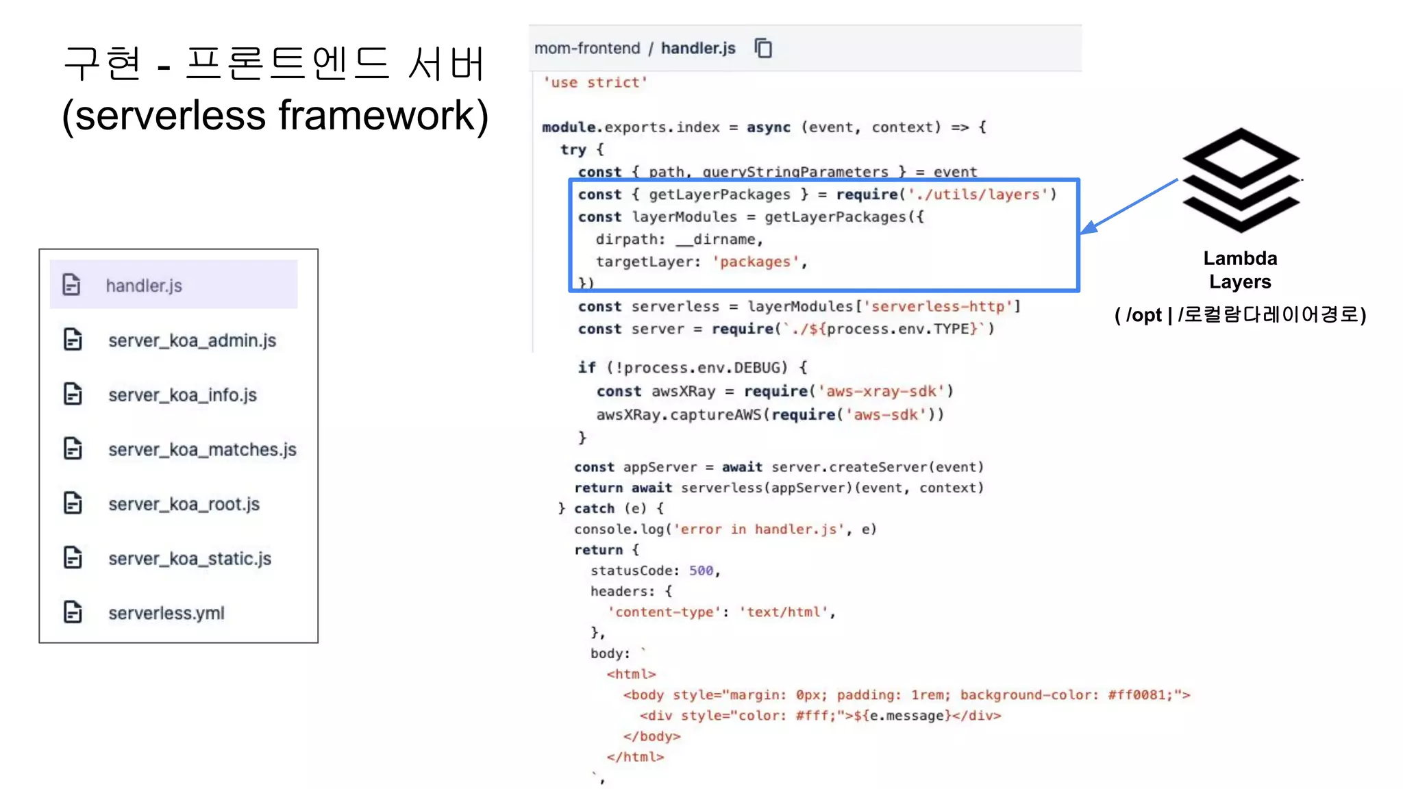 구현 - 프론트엔드 서버
(serverless framework)
Lambda
Layers
( /opt | /로컬람다레이어경로)
 