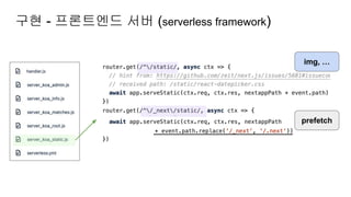 prefetch
img, …
구현 - 프론트엔드 서버 (serverless framework)
 