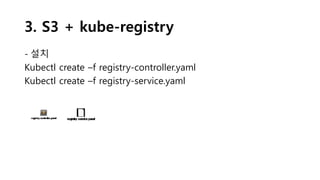 3. S3 + kube-registry
- 설치
Kubectl create –f registry-controller.yaml
Kubectl create –f registry-service.yaml
 