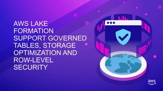 AWS LAKE
FORMATION
SUPPORT GOVERNED
TABLES, STORAGE
OPTIMIZATION AND
ROW-LEVEL
SECURITY
 