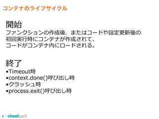 コンテナのライフサイクル
開始
ファンクションの作成後、またはコードや設定更更新後の
初回実⾏行行時にコンテナが作成されて、
コードがコンテナ内にロードされる。
終了了
•Timeout時
•context.done()呼び出し時
•クラッシュ時
•process.exit()呼び出し時
 