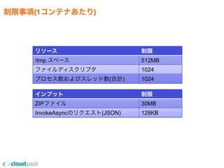 制限事項(1コンテナあたり)
リソース 制限
/tmp スペース 512MB
ファイルディスクリプタ 1024
プロセス数およびスレッド数(合計) 1024
インプット 制限
ZIPファイル 30MB
InvokeAsyncのリクエスト(JSON) 128KB
 