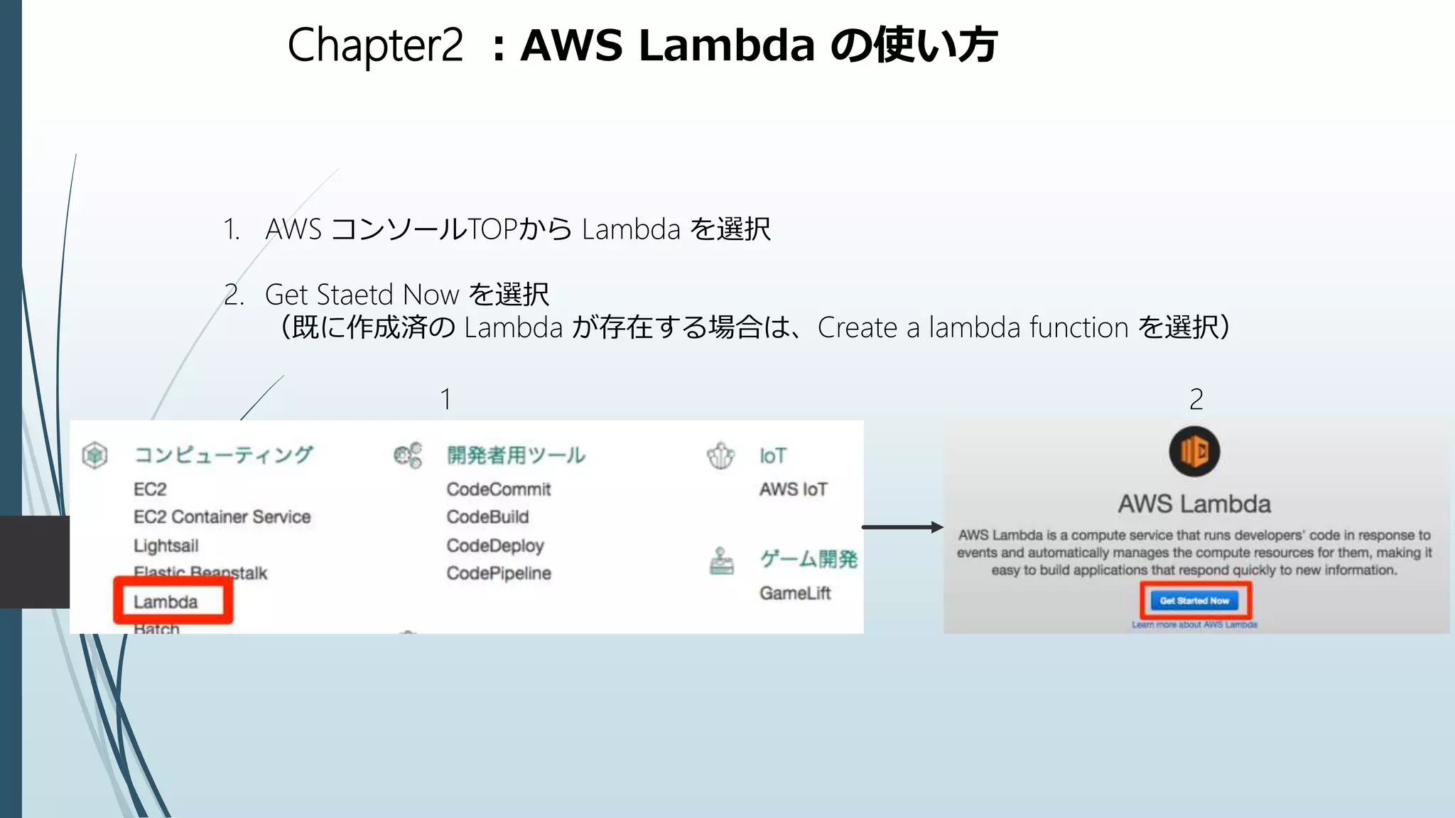 Chapter2 ：AWS Lambda の使い方
1. AWS コンソールTOPから Lambda を選択
2. Get Staetd Now を選択
（既に作成済の Lambda が存在する場合は、Create a lambda function を選択）
1 2
 