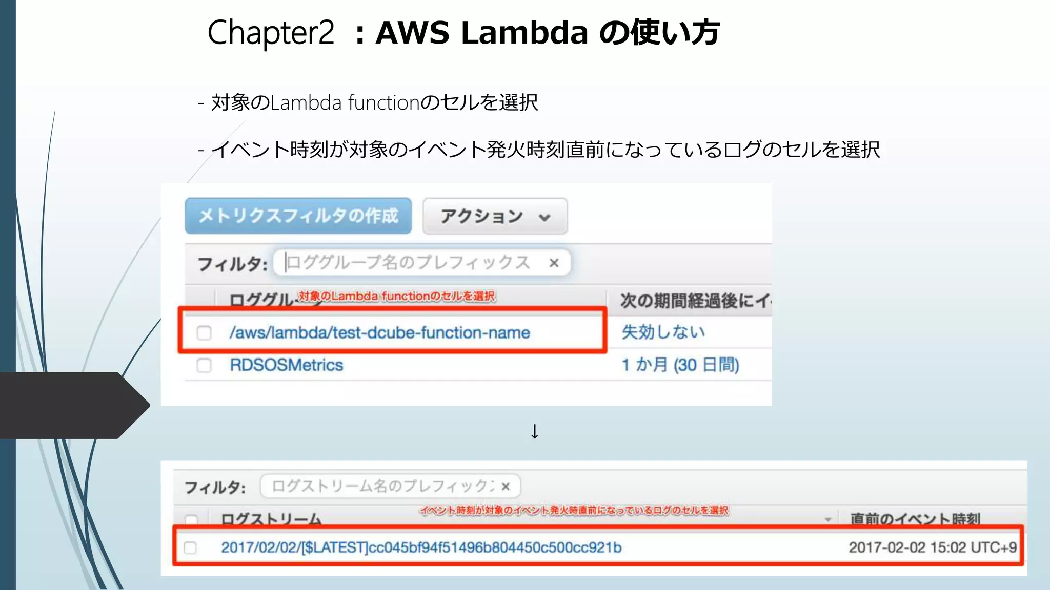 Chapter2 ：AWS Lambda の使い方
- 対象のLambda functionのセルを選択
- イベント時刻が対象のイベント発火時刻直前になっているログのセルを選択
↓
 