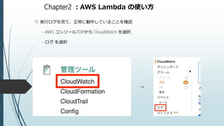 Chapter2 ：AWS Lambda の使い方
11. 実行ログを見て、正常に動作していることを確認
- AWS コンソールTOPから CloudWatch を選択
- ログ を選択
→
 